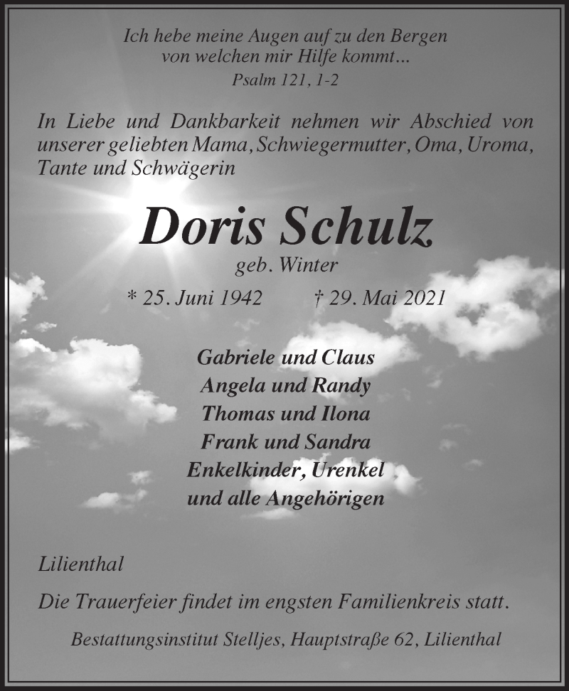 Traueranzeige von Doris Schulz von Wuemme Zeitung