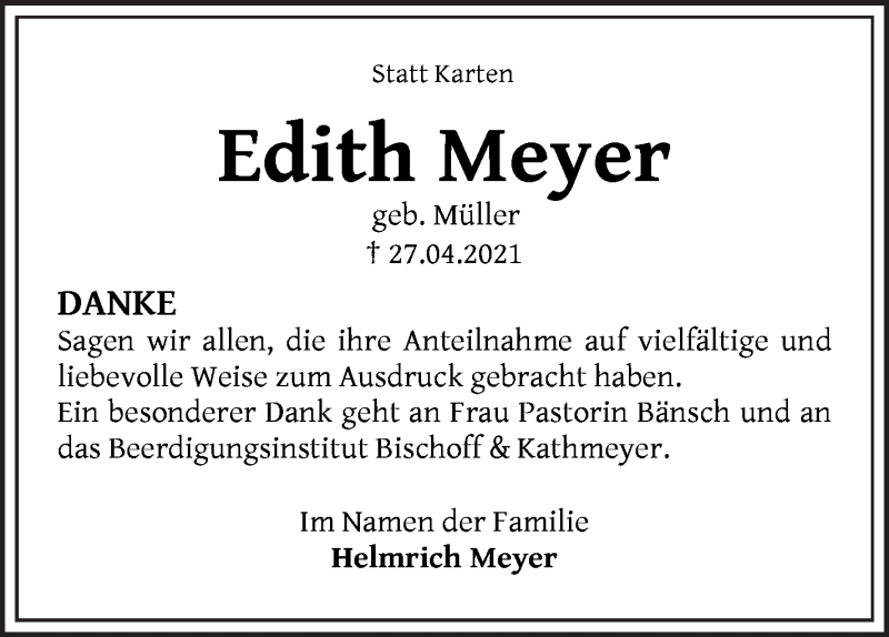 Traueranzeige von Edith Meyer von Die Norddeutsche
