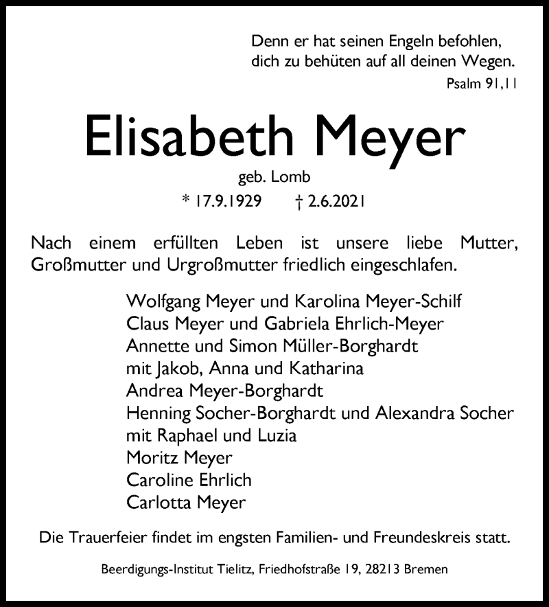 Traueranzeige von Elisabeth Meyer von WESER-KURIER