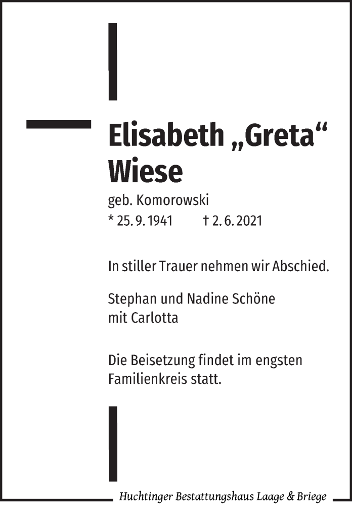 Traueranzeige von Elisabeth Wiese von WESER-KURIER