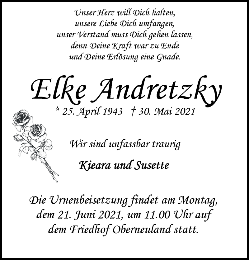 Traueranzeige von Elke Andretzky von WESER-KURIER