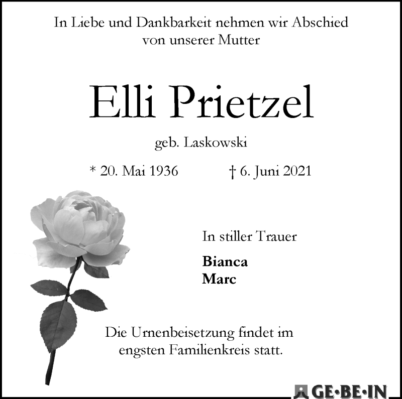 Traueranzeige von Elli Prietzel von WESER-KURIER