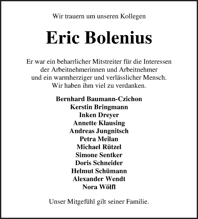Traueranzeige von Eric Bolenius von WESER-KURIER