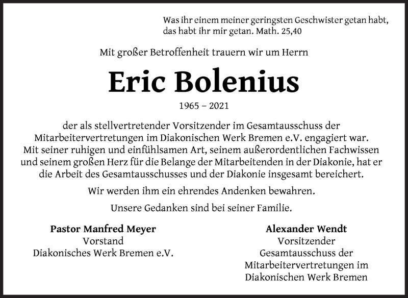 Traueranzeige von Eric Bolenius von WESER-KURIER