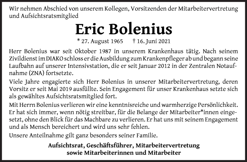 Traueranzeige von Eric Bolenius von WESER-KURIER