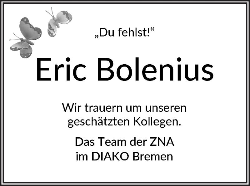 Traueranzeige von Eric Bolenius von WESER-KURIER