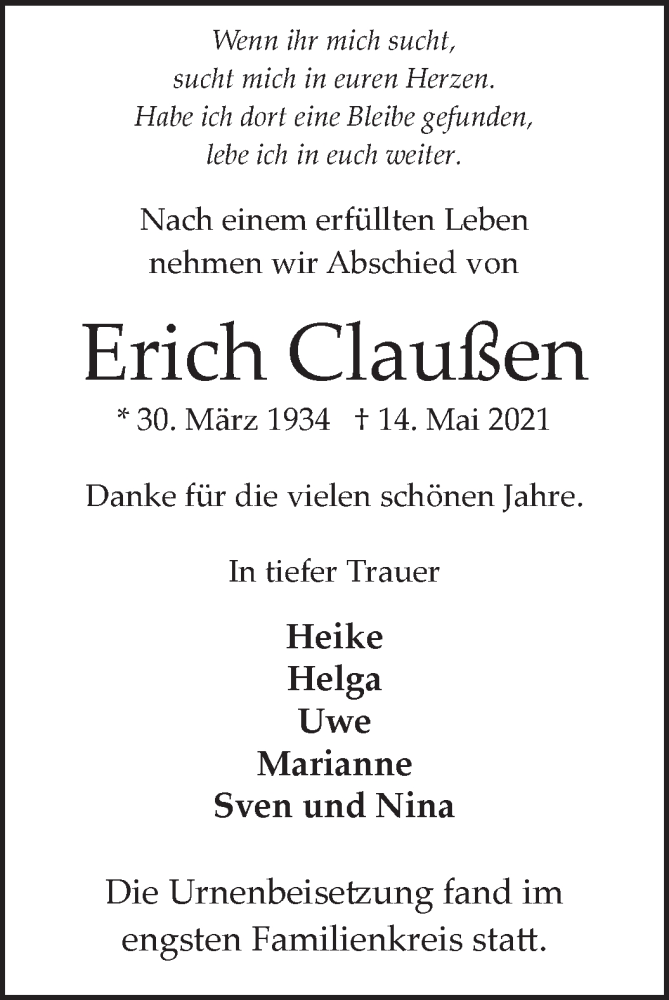 Traueranzeige von Erich Claußen von WESER-KURIER