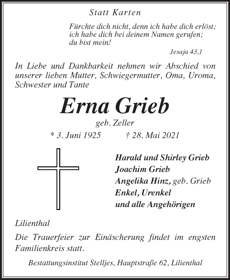 Traueranzeige von Erna Grieb von Wuemme Zeitung