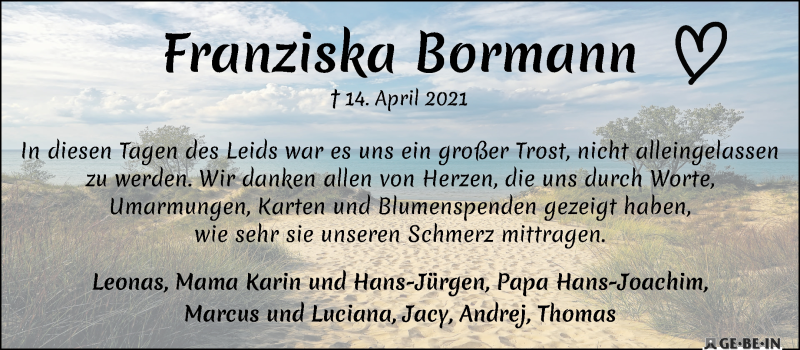 Traueranzeige von Franziska Bormann von Achimer Kurier/Verdener Nachrichten