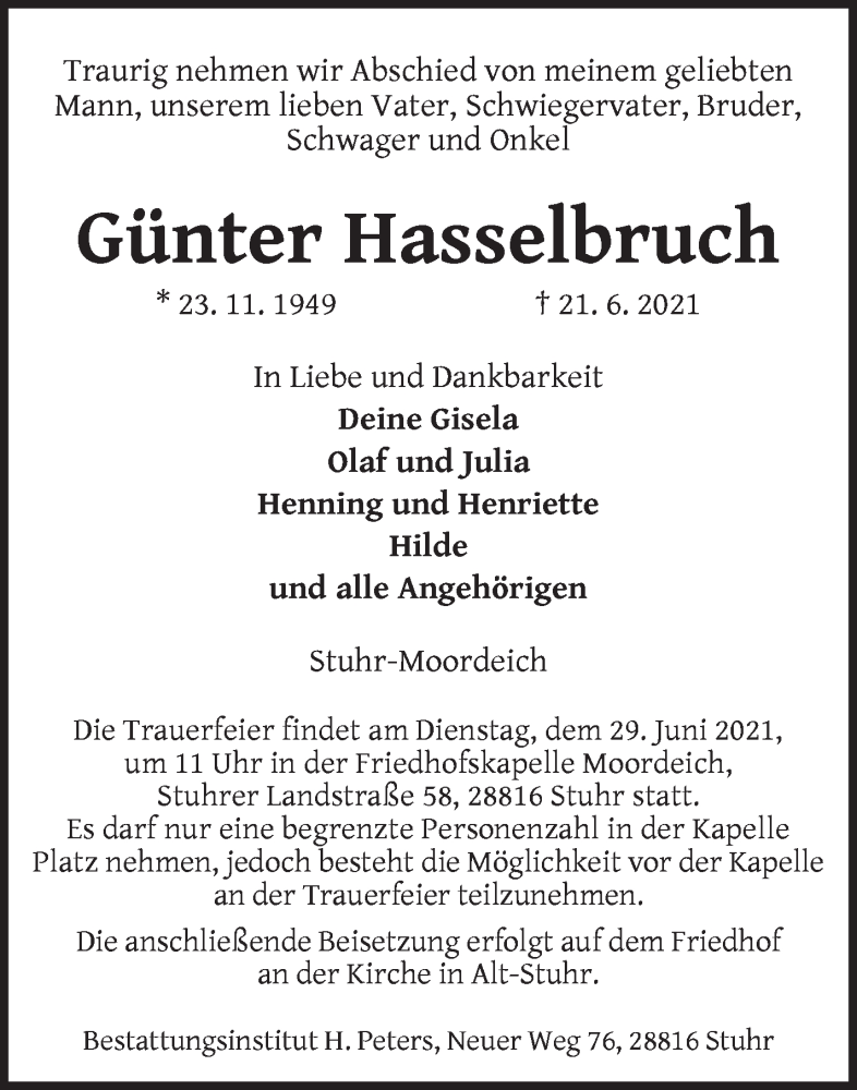 Traueranzeige von Günter Hasselbruch von WESER-KURIER