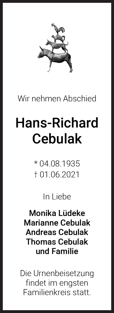 Traueranzeige von Hans-Richard Cebulak von WESER-KURIER