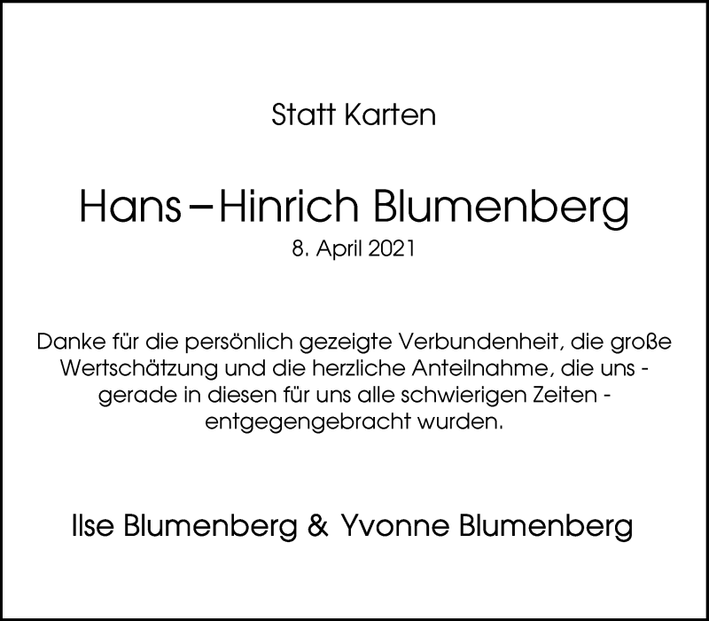 Traueranzeige von Hans Hinrich Blumenberg von WESER-KURIER