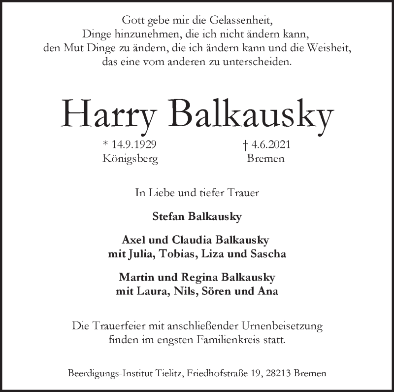 Traueranzeige von Harry Balkausky von WESER-KURIER