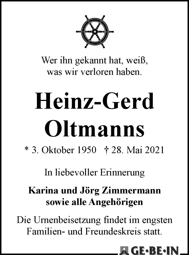 Traueranzeige von Heinz-Gerd Oltmanns von WESER-KURIER
