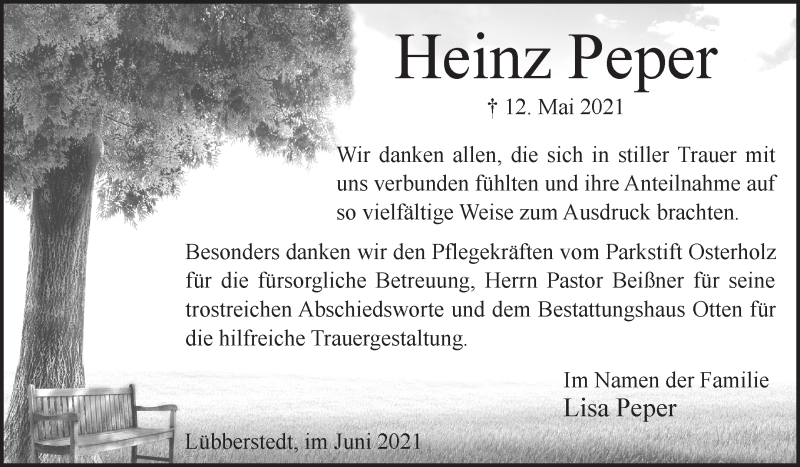 Traueranzeige von Heinz Peper von Osterholzer Kreisblatt