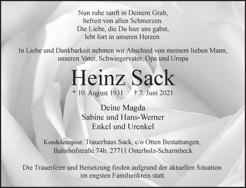 Traueranzeige von Heinz Sack von Osterholzer Kreisblatt