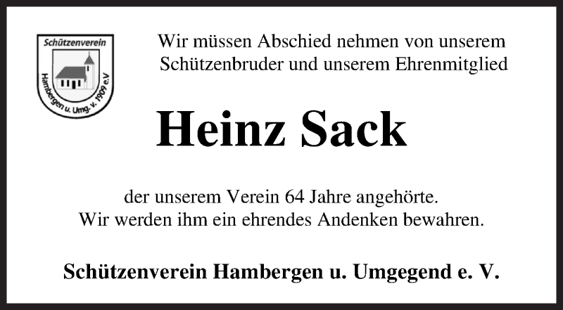 Traueranzeige von Heinz Sack von Osterholzer Kreisblatt