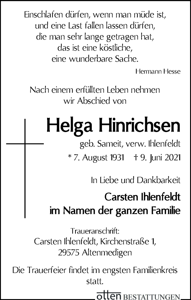Traueranzeige von Helga Hinrichsen von Osterholzer Kreisblatt