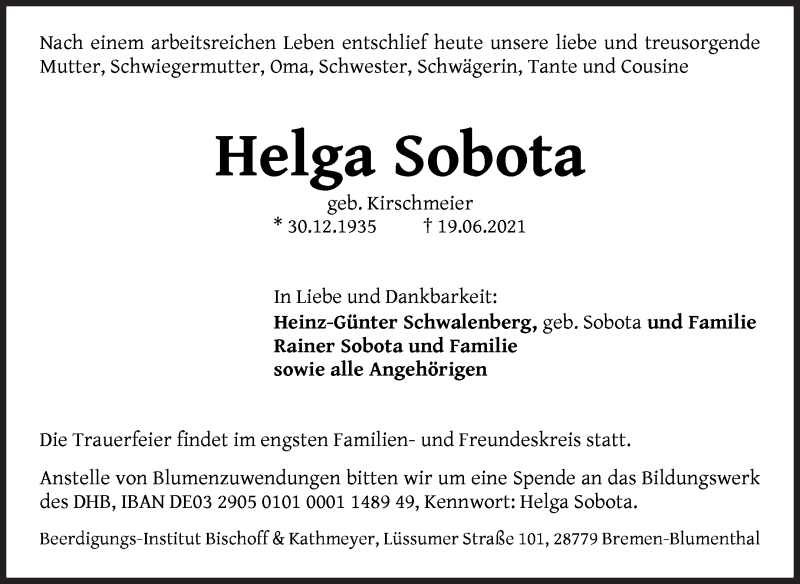 Traueranzeige von Helga Sobota von Die Norddeutsche