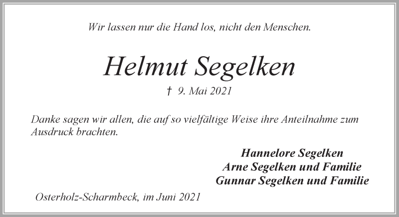 Traueranzeige von Helmut Segelken von Osterholzer Kreisblatt