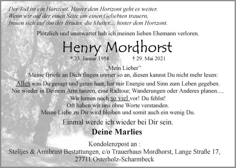 Traueranzeige von Henry Mordhorst von Osterholzer Kreisblatt