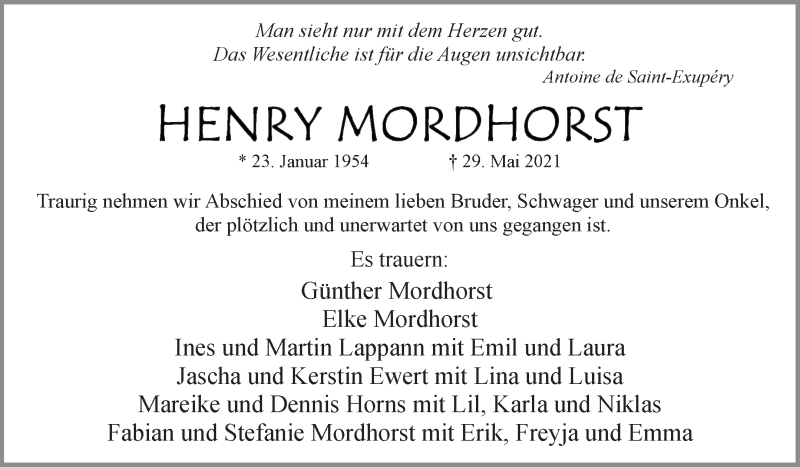 Traueranzeige von Henry Mordhorst von Die Norddeutsche
