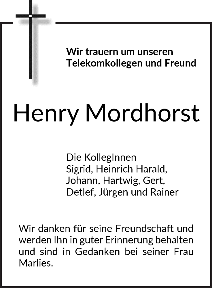 Traueranzeige von Henry Mordhorst von Osterholzer Kreisblatt