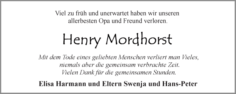Traueranzeige von Henry Mordhorst von Osterholzer Kreisblatt