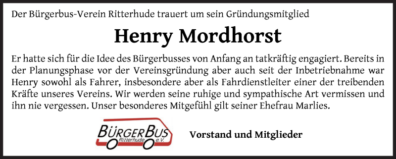 Traueranzeige von Henry Mordhorst von Osterholzer Kreisblatt