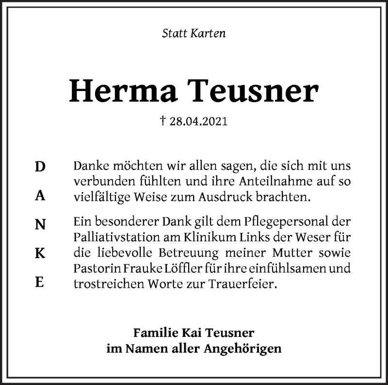 Traueranzeige von Herma Teusner von Die Norddeutsche