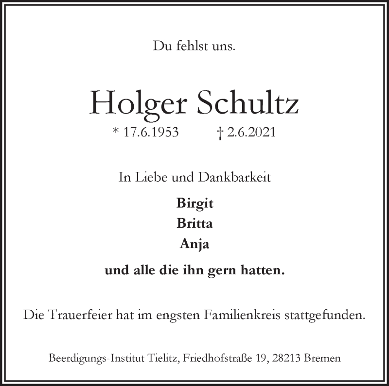 Traueranzeige von Holger Schultz von WESER-KURIER
