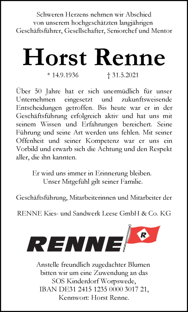 Traueranzeige von Horst Renne von WESER-KURIER