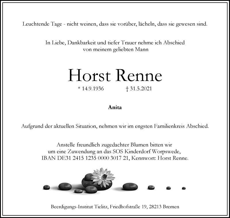 Traueranzeige von Horst Renne von WESER-KURIER