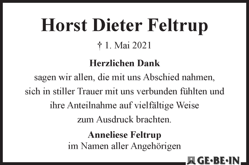 Traueranzeige von Horst Dieter Feltrup von WESER-KURIER