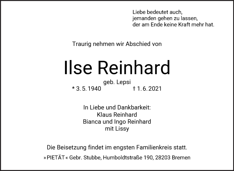 Traueranzeige von Ilse Reinhard von WESER-KURIER