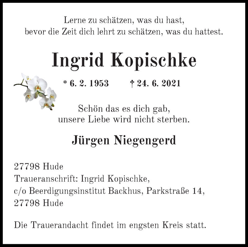 Traueranzeige von Ingrid Kopischke von Die Norddeutsche
