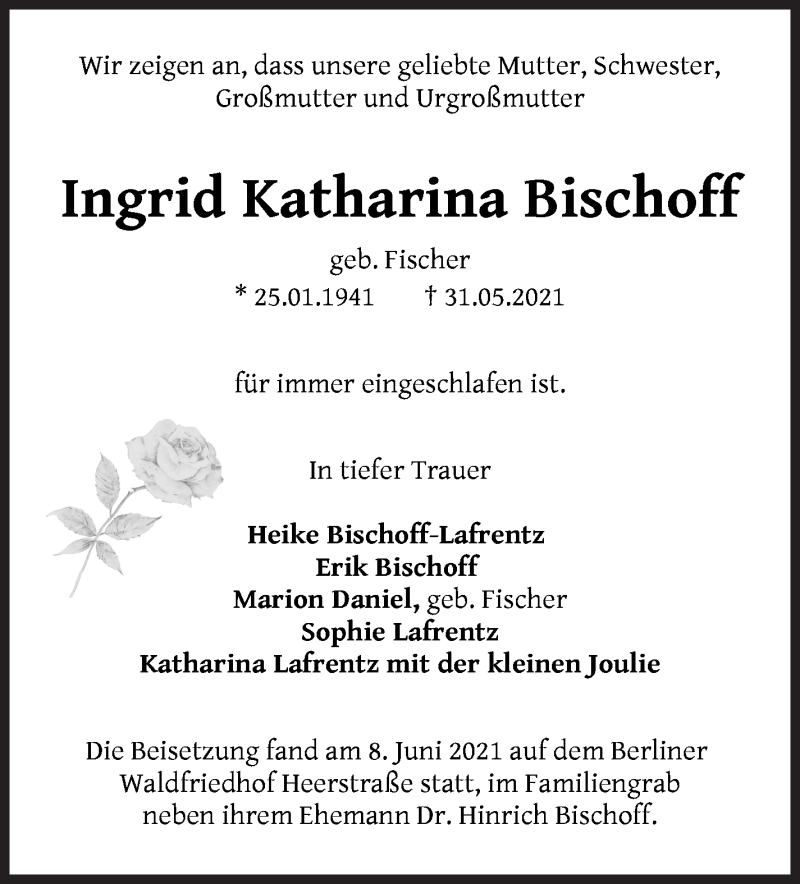 Traueranzeige von Ingrid Katharina Bischoff von WESER-KURIER