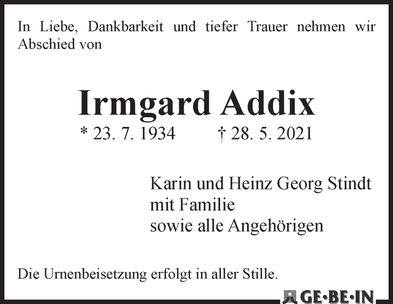 Traueranzeige von Irmgard Addix von WESER-KURIER