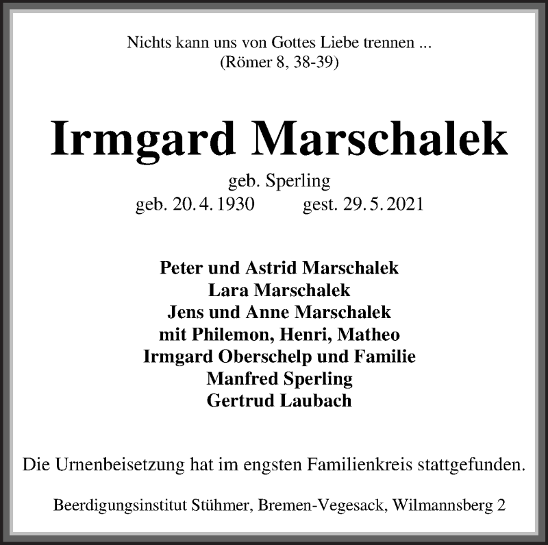 Traueranzeige von Irmgard Marschalek von Die Norddeutsche