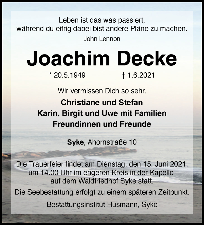 Traueranzeige von Joachim Decke von Regionale Rundschau/Syker Kurier