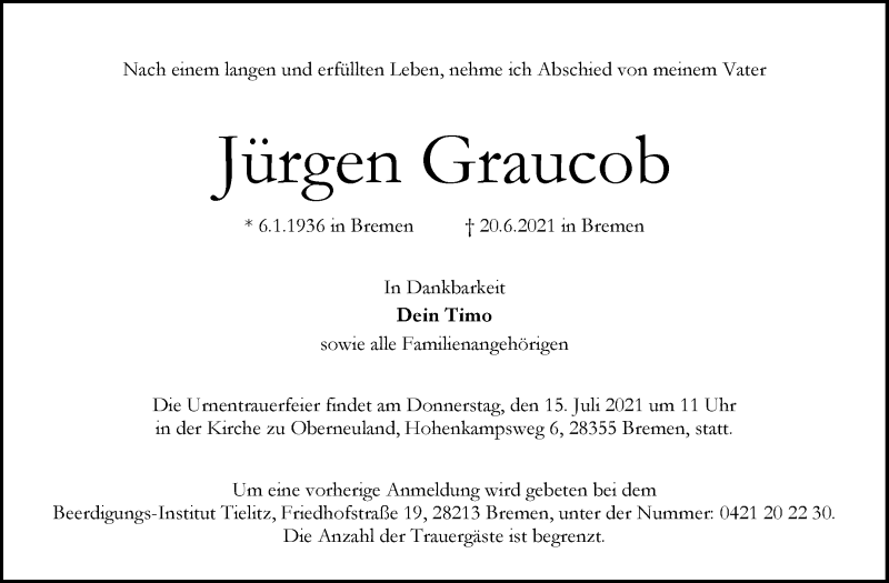 Traueranzeige von Jürgen Graucob von WESER-KURIER