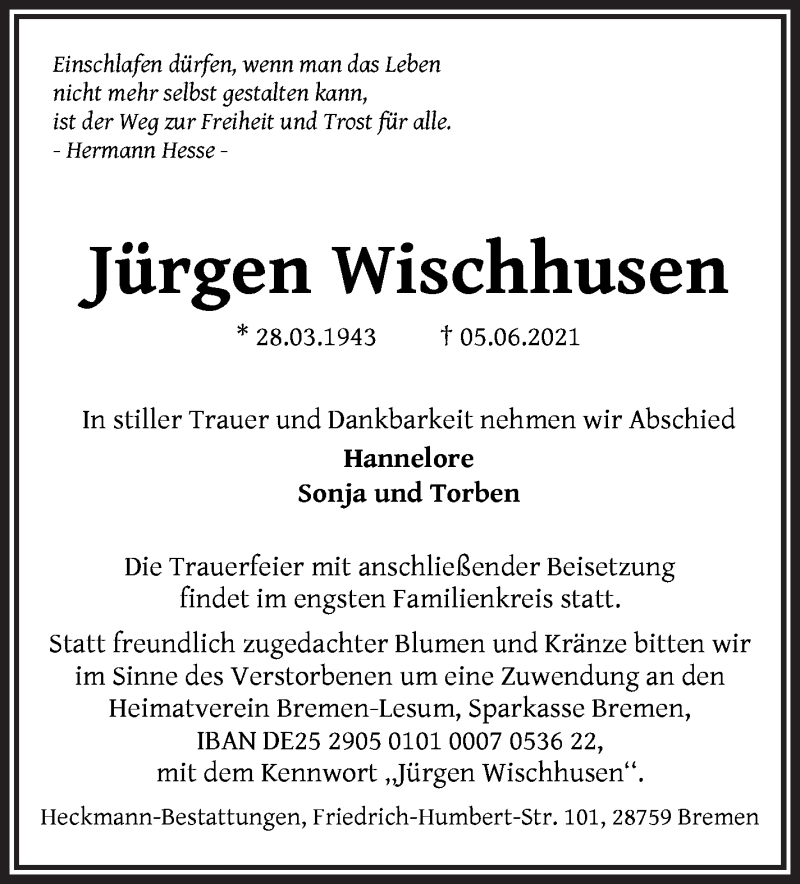 Traueranzeige von Jürgen Wischhusen von Die Norddeutsche