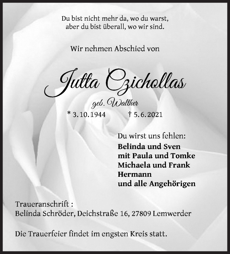 Traueranzeige von Jutta Czichollas von Die Norddeutsche