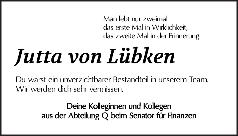 Traueranzeige von Jutta von Lübken von WESER-KURIER
