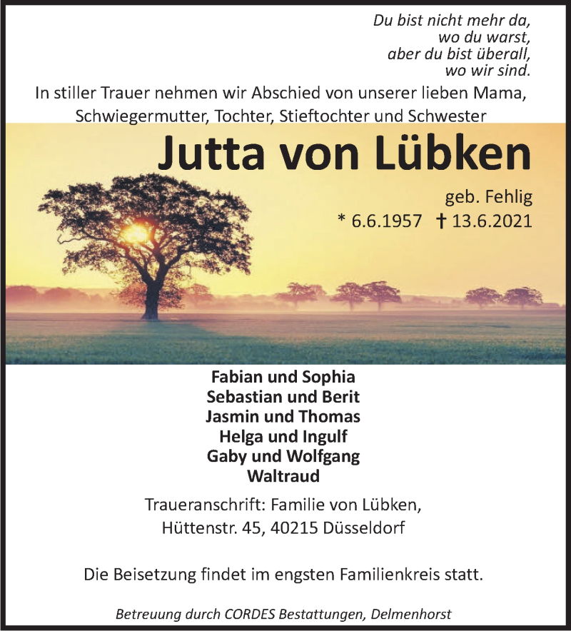 Traueranzeige von Jutta von Lübken von WESER-KURIER