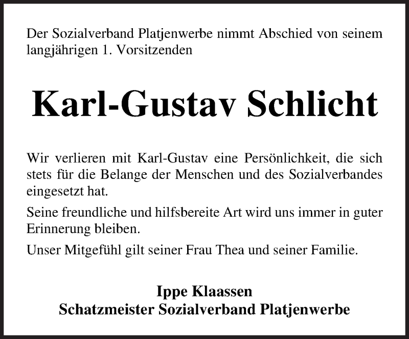 Traueranzeige von Karl-Gustav Schlicht von Die Norddeutsche