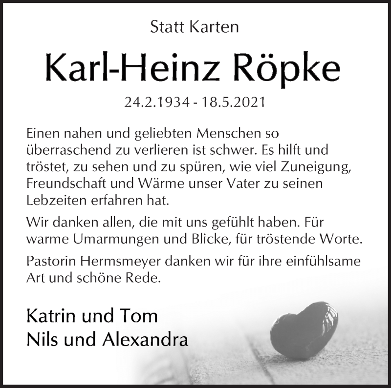 Traueranzeige von Karl-Heinz Röpke von Regionale Rundschau/Syker Kurier
