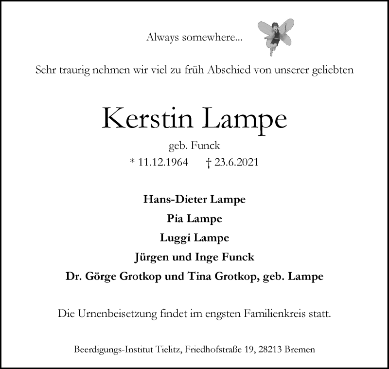 Traueranzeige von Kerstin Lampe von WESER-KURIER