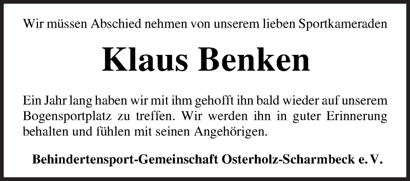 Traueranzeige von Klaus Benken von Osterholzer Kreisblatt