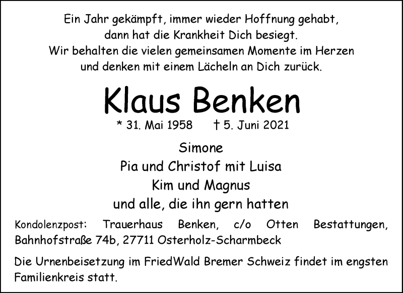 Traueranzeige von Klaus Benken von Osterholzer Kreisblatt
